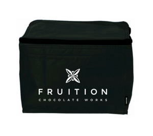 black rectangular insulated lunch bag, with a white logo on the front that reads "Fruition chocolate works"